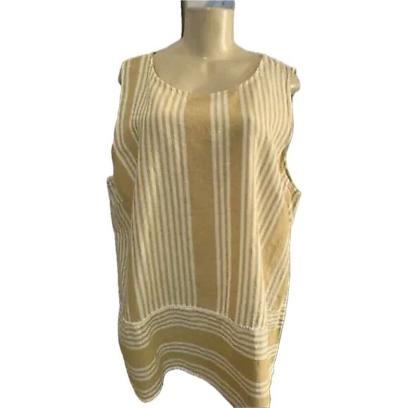 For Cynthia +1X Camel Vertical Striped Scoop Neck Linen Blend Sleeveless Blouse - Picture 2 of 6